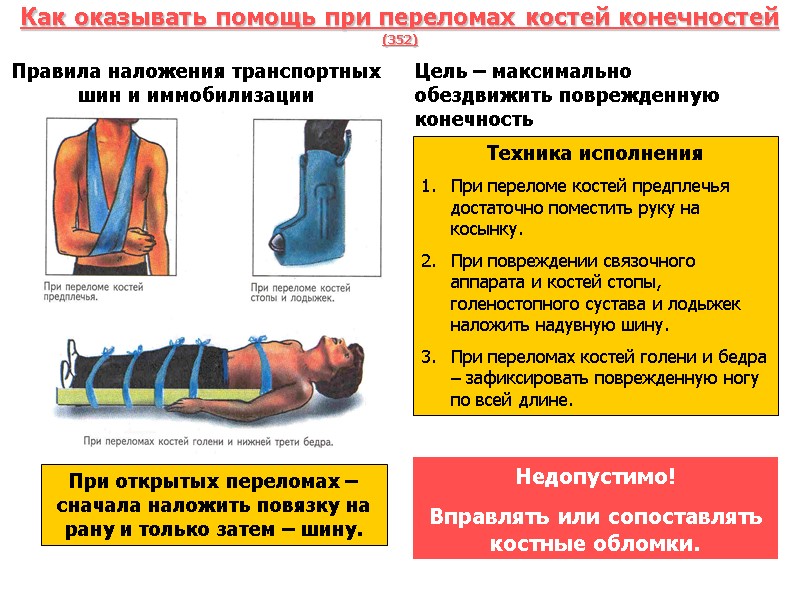 Как оказывать помощь при переломах костей конечностей (352) Правила наложения транспортных шин и иммобилизации